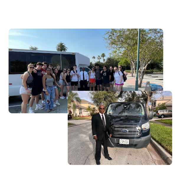 Collage of images: Top photo shows clients standing by a shuttle bus and the bottom photo shows a professional driver next to a black sedan